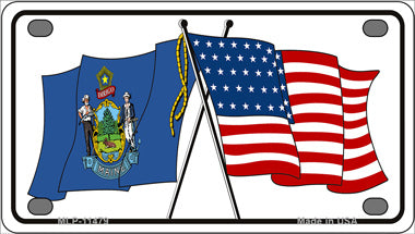 Maine Crossed US Flag Novelty Mini Metal License Plate Tag