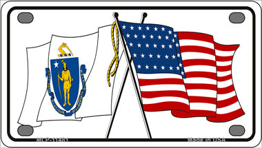 Massachusetts Crossed US Flag Novelty Mini Metal License Plate Tag