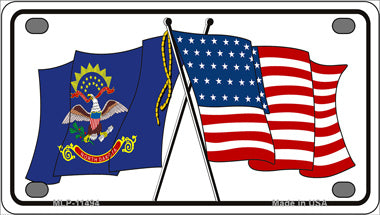 North Dakota Crossed US Flag Novelty Mini Metal License Plate Tag