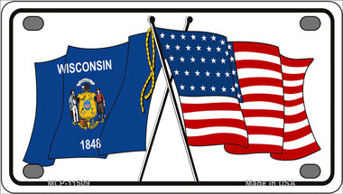 Wisconsin Crossed US Flag Novelty Mini Metal License Plate Tag