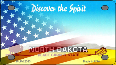 North Dakota with American Flag Novelty Mini Metal License Plate Tag