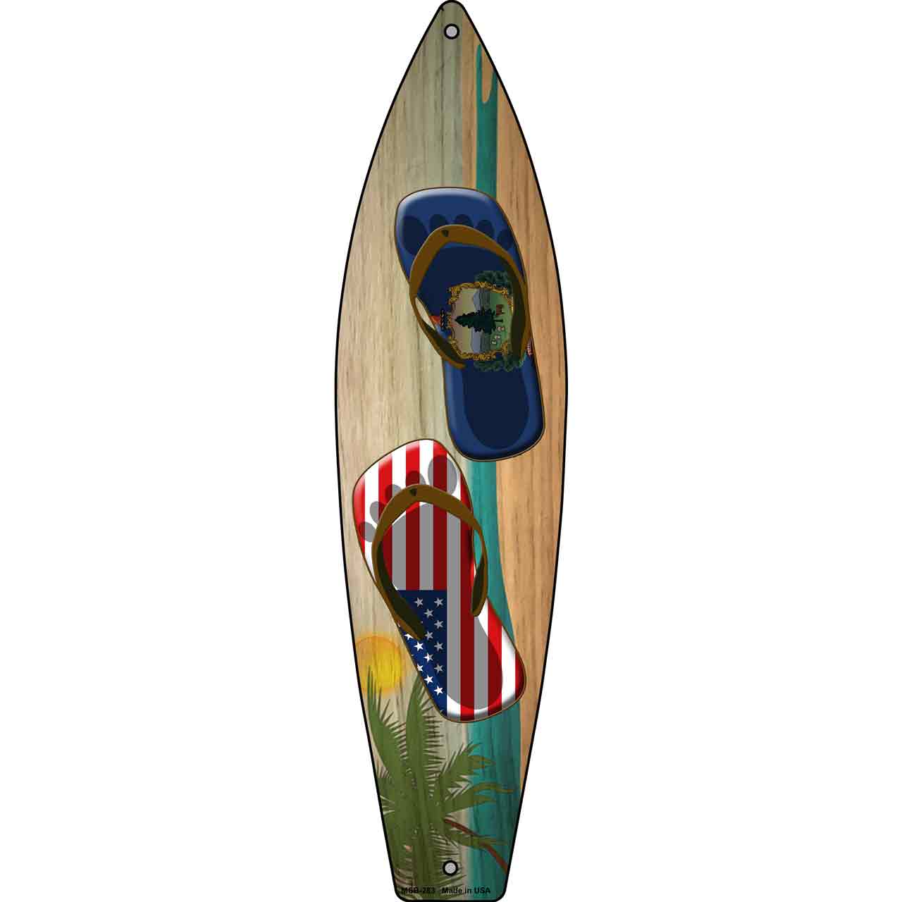 Vermont Flag and US Flag Flip Flop Novelty Mini Metal Surfboard MSB-283