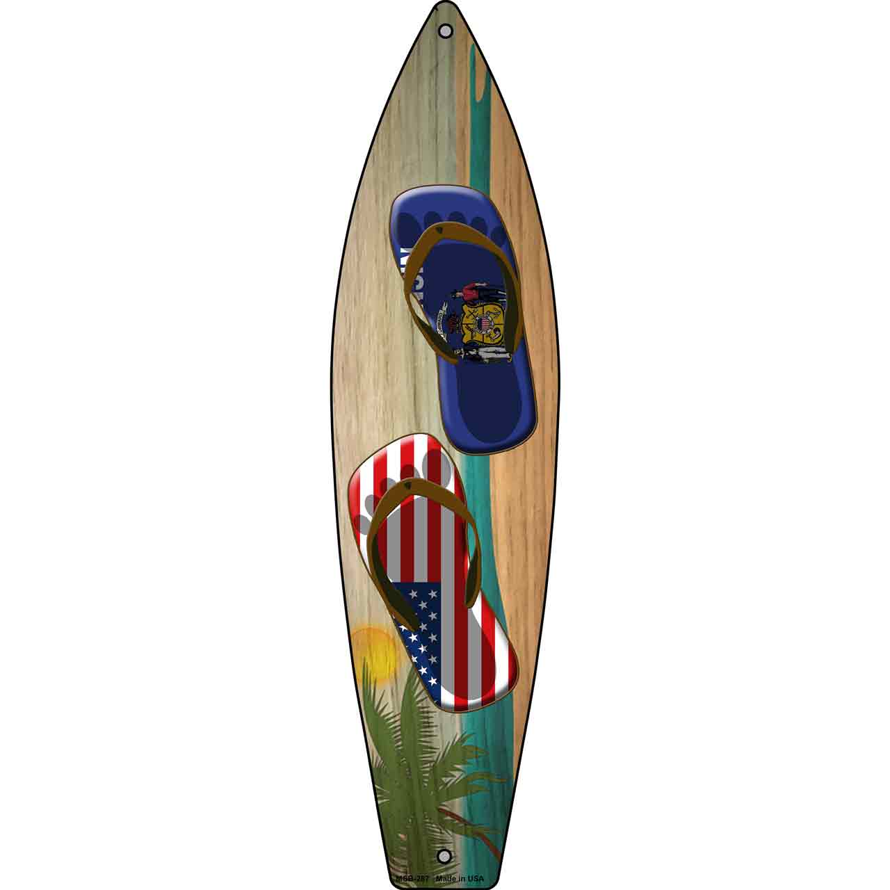 Wisconsin Flag and US Flag Flip Flop Novelty Mini Metal Surfboard MSB-287