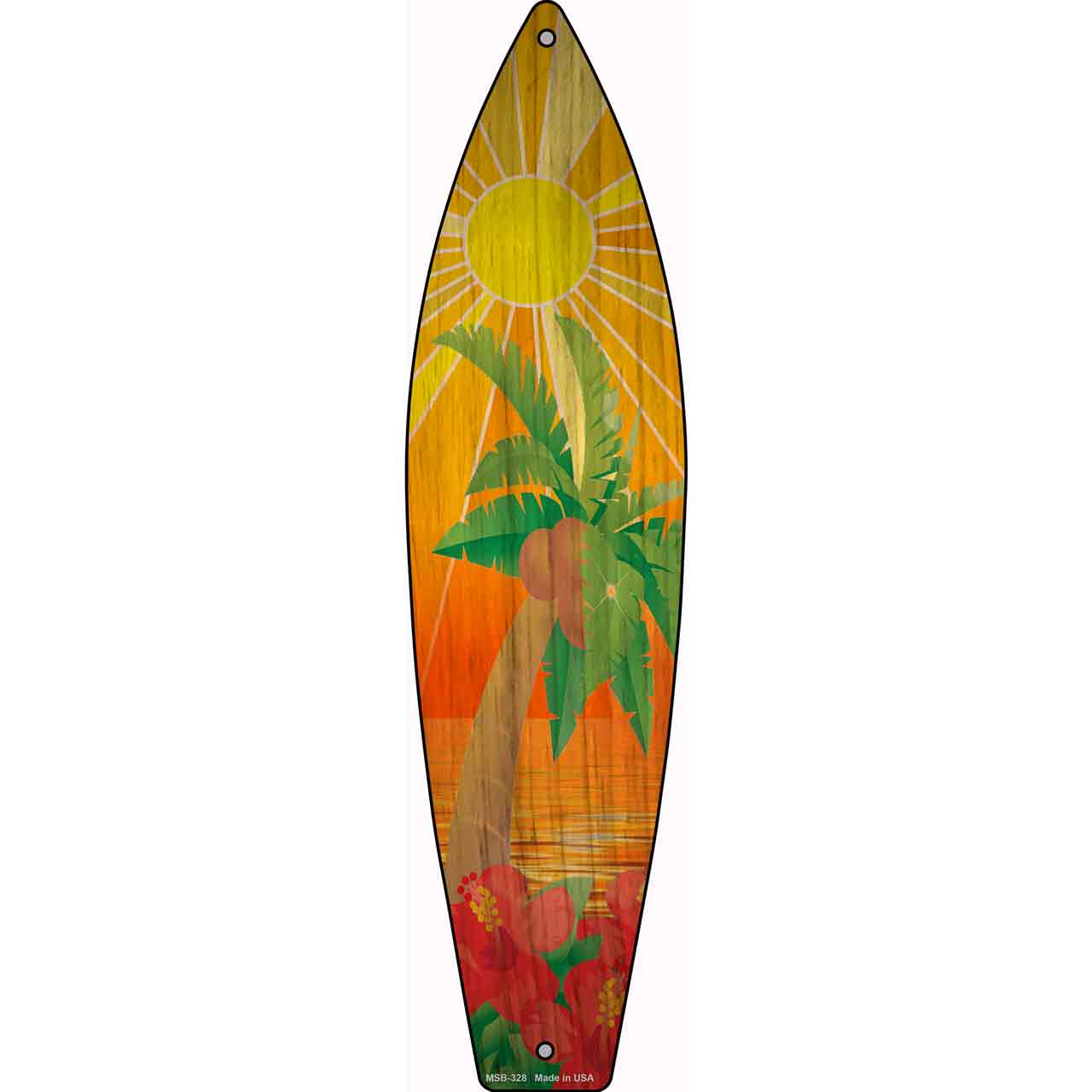 Tree And Flowers Sunset Novelty Mini Metal Surfboard Sign MSB-328