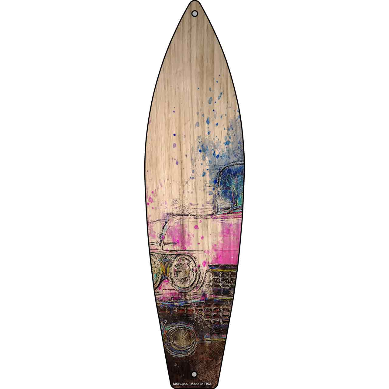 Pink Sports Car Novelty Mini Metal Surfboard Sign MSB-355