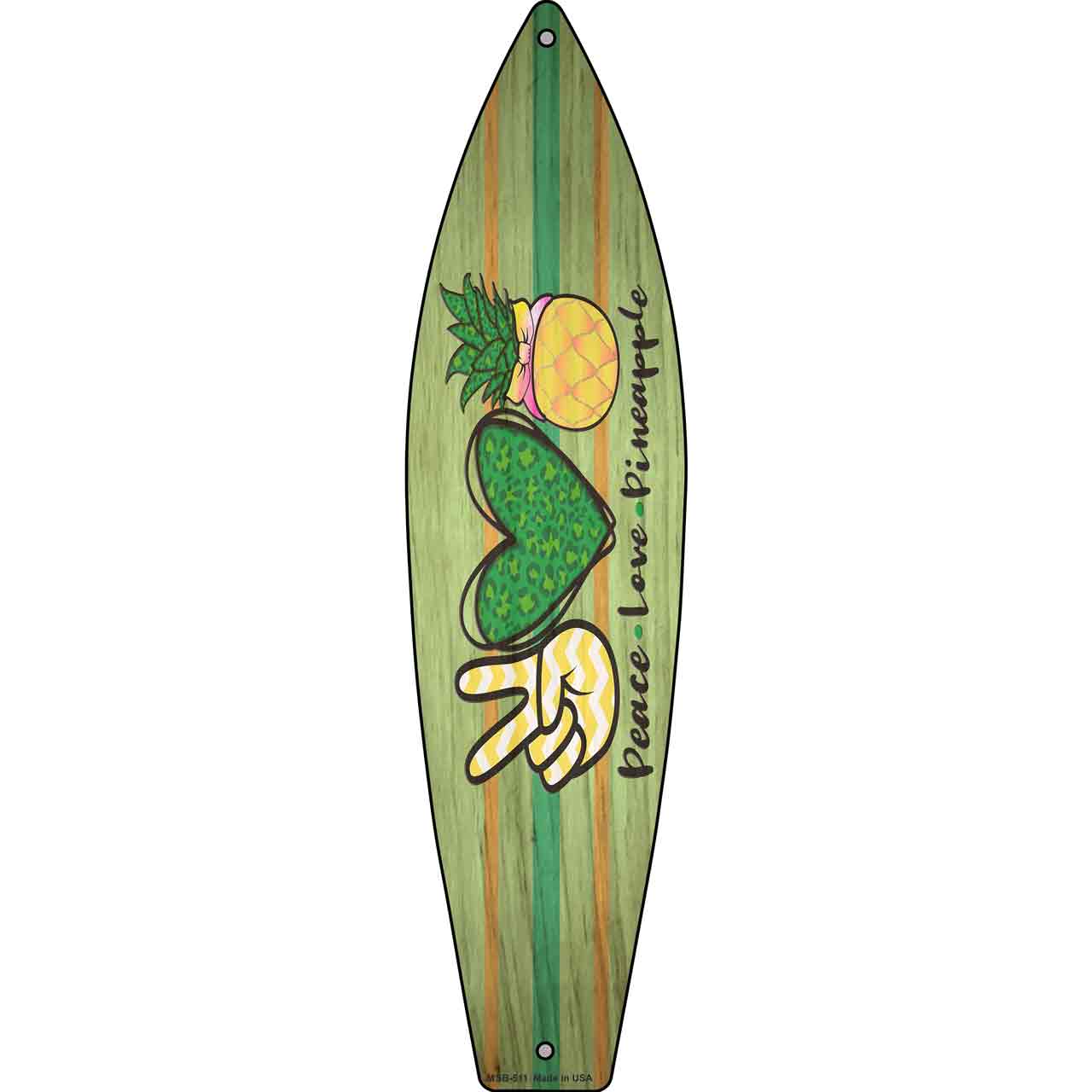 Peace Love Pineapple Novelty Mini Metal Surfboard Sign