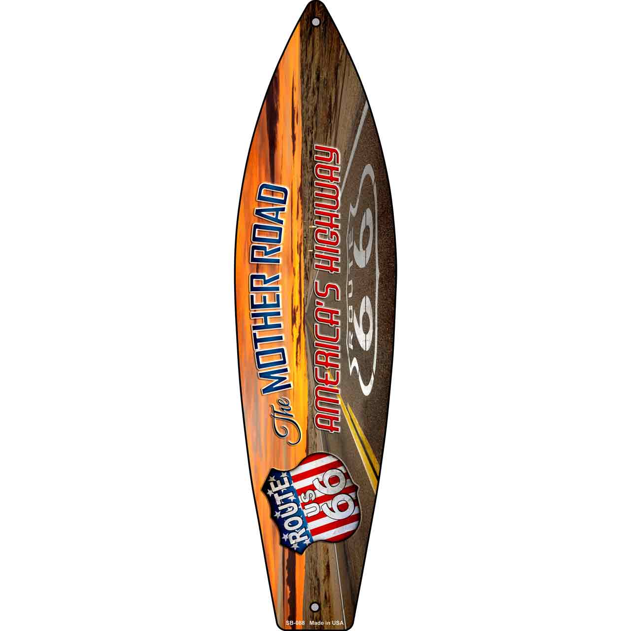 Route 66 With Sunset Metal Novelty Surfboard Sign SB-088