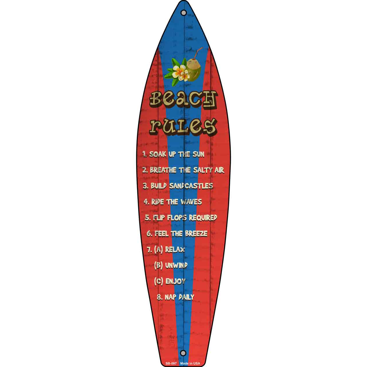 Beach Rules Metal Novelty Surfboard Sign SB-097