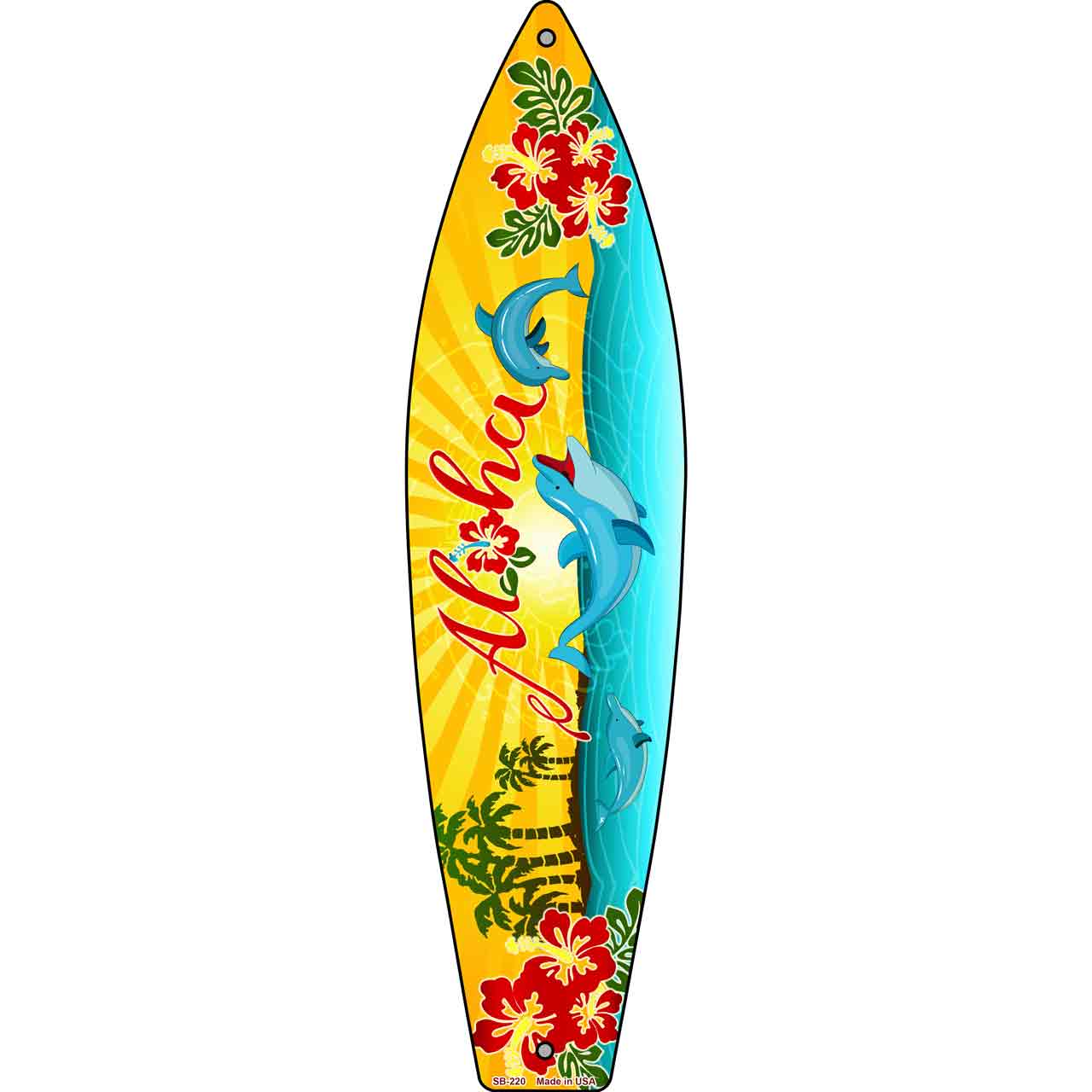 Aloha With Dolphins Novelty Metal Surfboard Sign SB-220