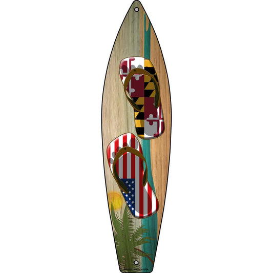 Maryland Flag and US Flag Flip Flop Novelty Metal Surfboard Sign SB-258