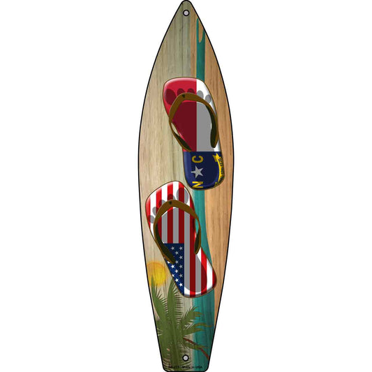 North Carolina Flag and US Flag Flip Flop Novelty Metal Surfboard Sign SB-271