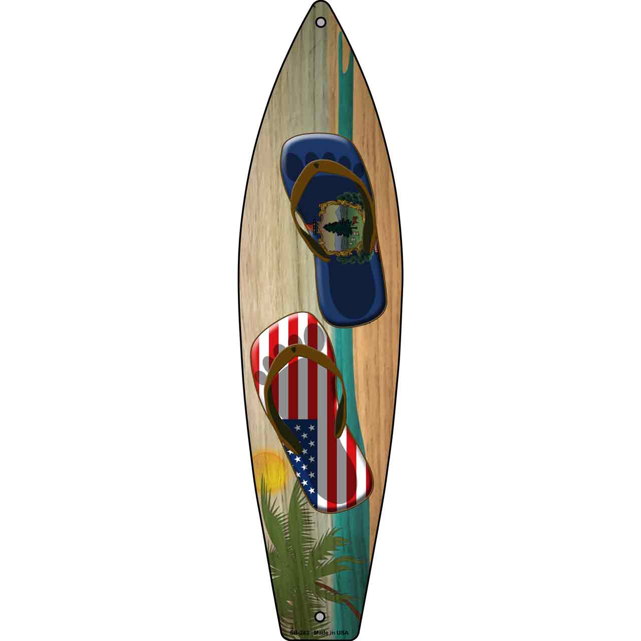 Vermont Flag and US Flag Flip Flop Novelty Metal Surfboard Sign SB-283