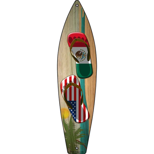 Mexico Flag and US Flag Flip Flop Novelty Metal Surfboard Sign SB-291
