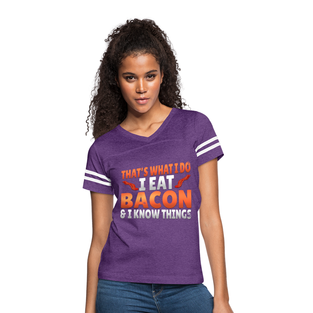 Funny I Eat Bacon And Know Things Bacon Lover Women’s Vintage Sport T-Shirt - vintage purple/white