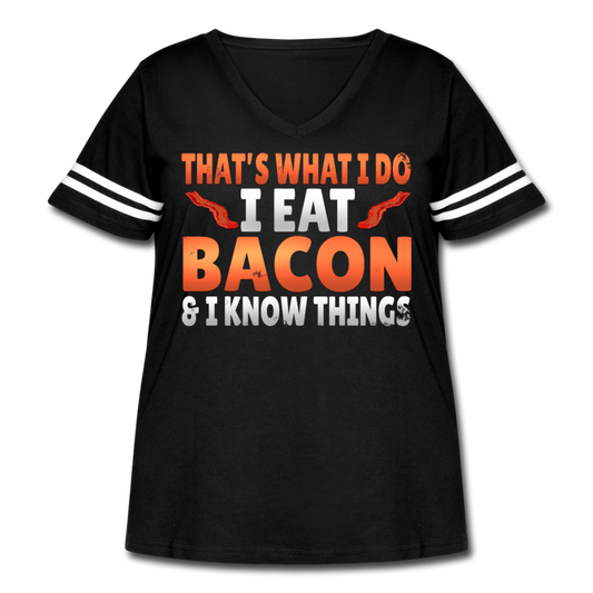 Funny I Eat Bacon And Know Things Bacon Lover Women's Curvy Vintage Sport T-Shirt - black/white