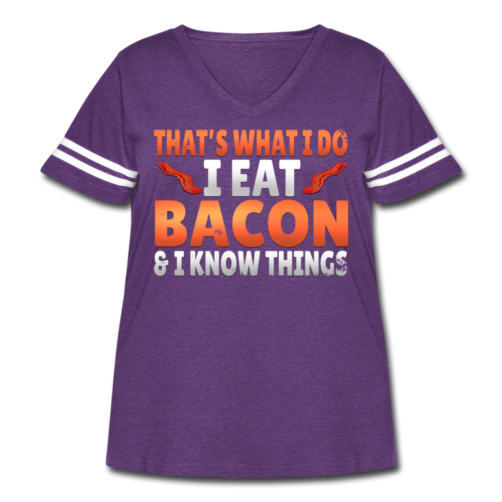 Funny I Eat Bacon And Know Things Bacon Lover Women's Curvy Vintage Sport T-Shirt - vintage purple/white