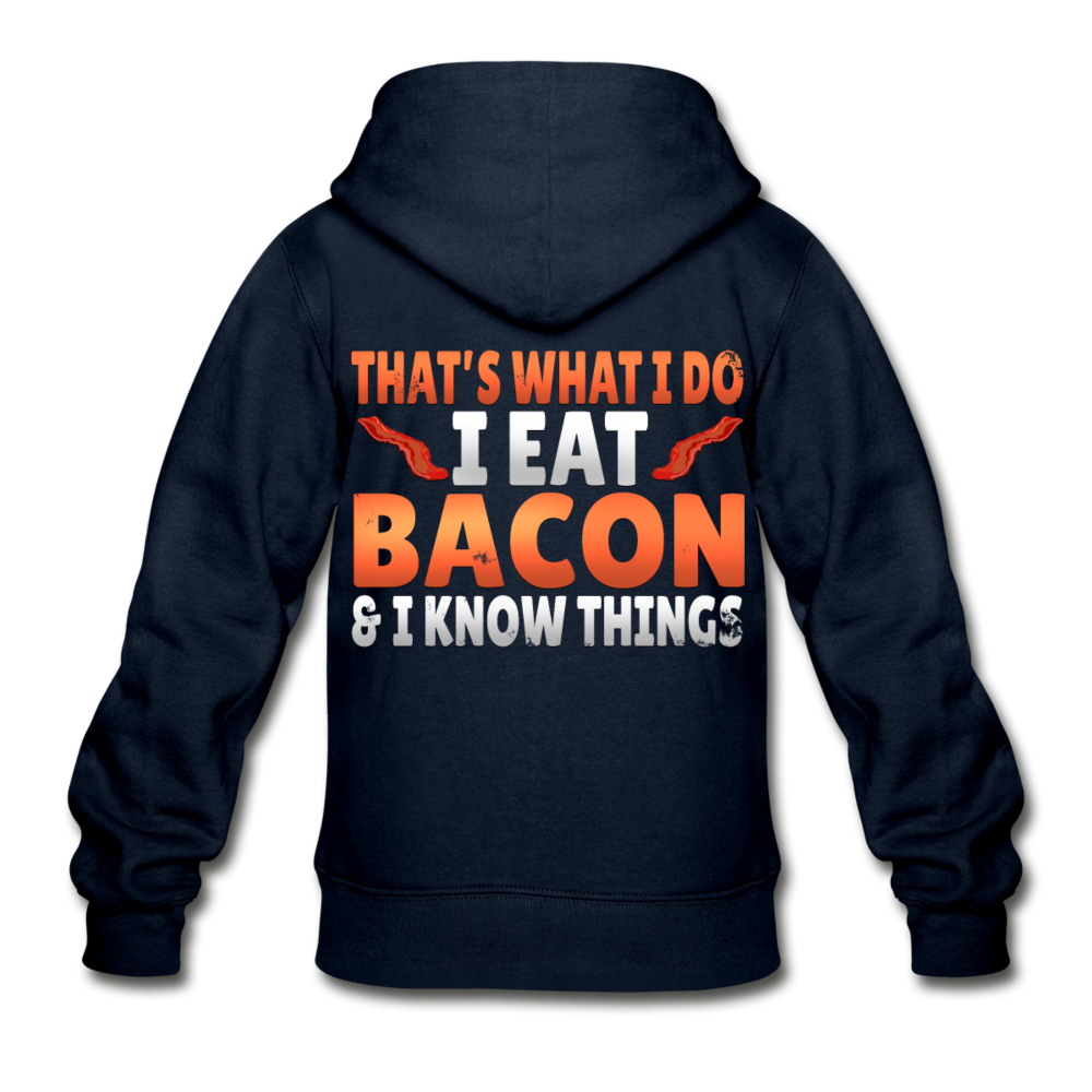 Funny I Eat Bacon And Know Things Bacon Lover Gildan Heavy Blend Youth Zip Hoodie - navy