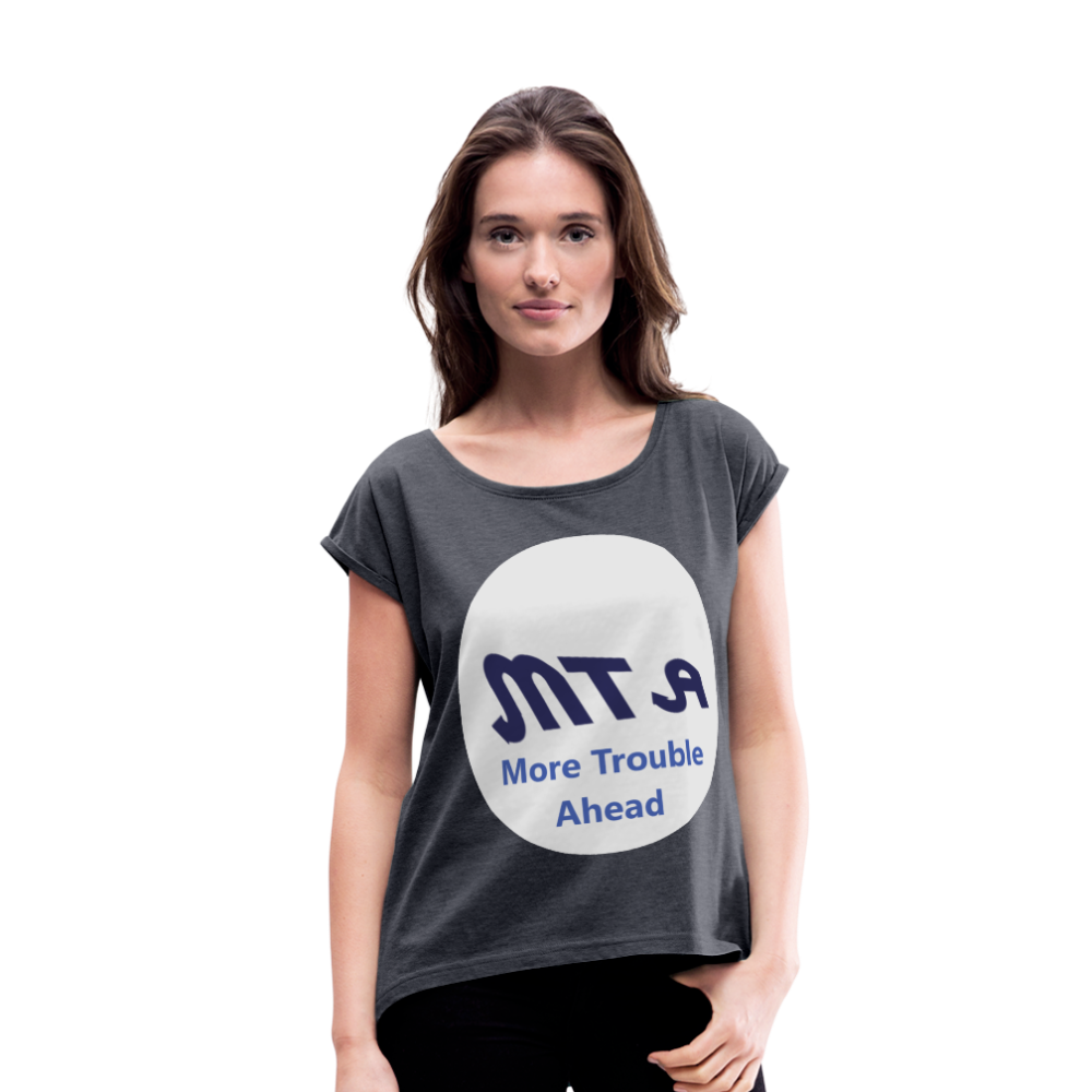 New York City Subway train funny Logo parody Women's Roll Cuff T-Shirt - navy heather
