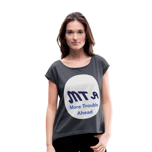 New York City Subway train funny Logo parody Women's Roll Cuff T-Shirt - navy heather