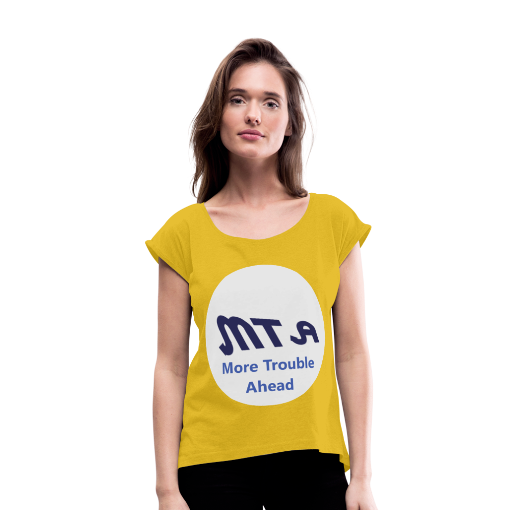 New York City Subway train funny Logo parody Women's Roll Cuff T-Shirt - mustard yellow