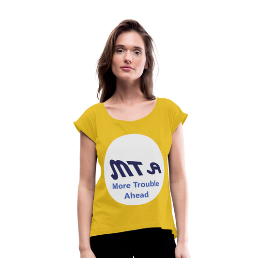 New York City Subway train funny Logo parody Women's Roll Cuff T-Shirt - mustard yellow