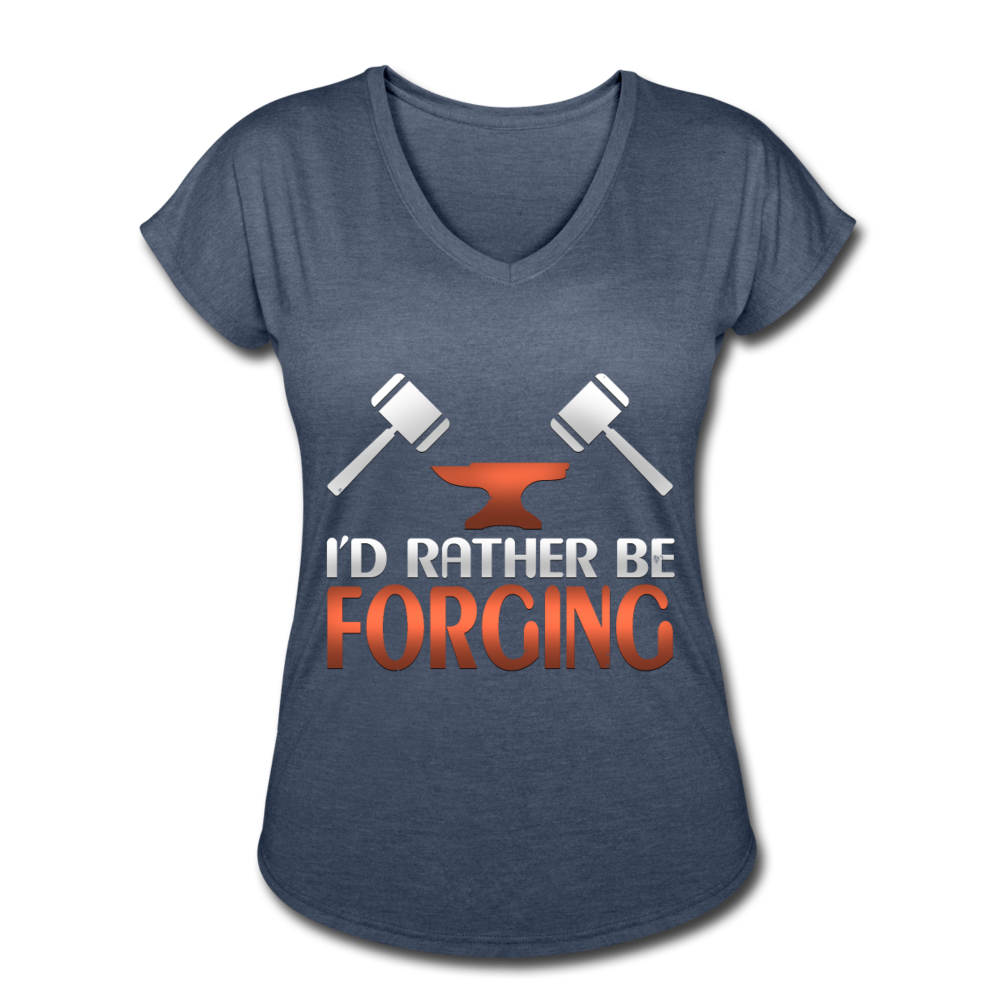 I'd Rather Be Forging Blacksmith Forge Hammer Women's Tri-Blend V-Neck T-Shirt - navy heather