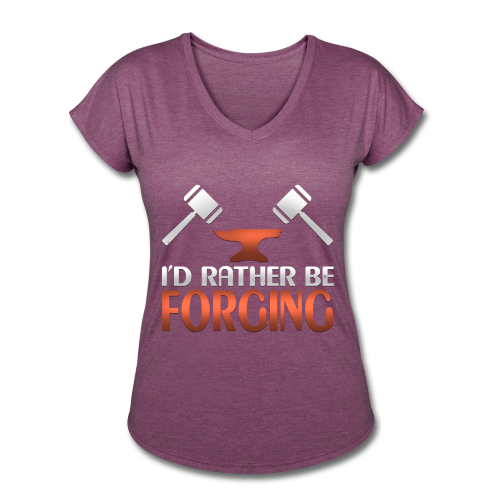 I'd Rather Be Forging Blacksmith Forge Hammer Women's Tri-Blend V-Neck T-Shirt - heather plum