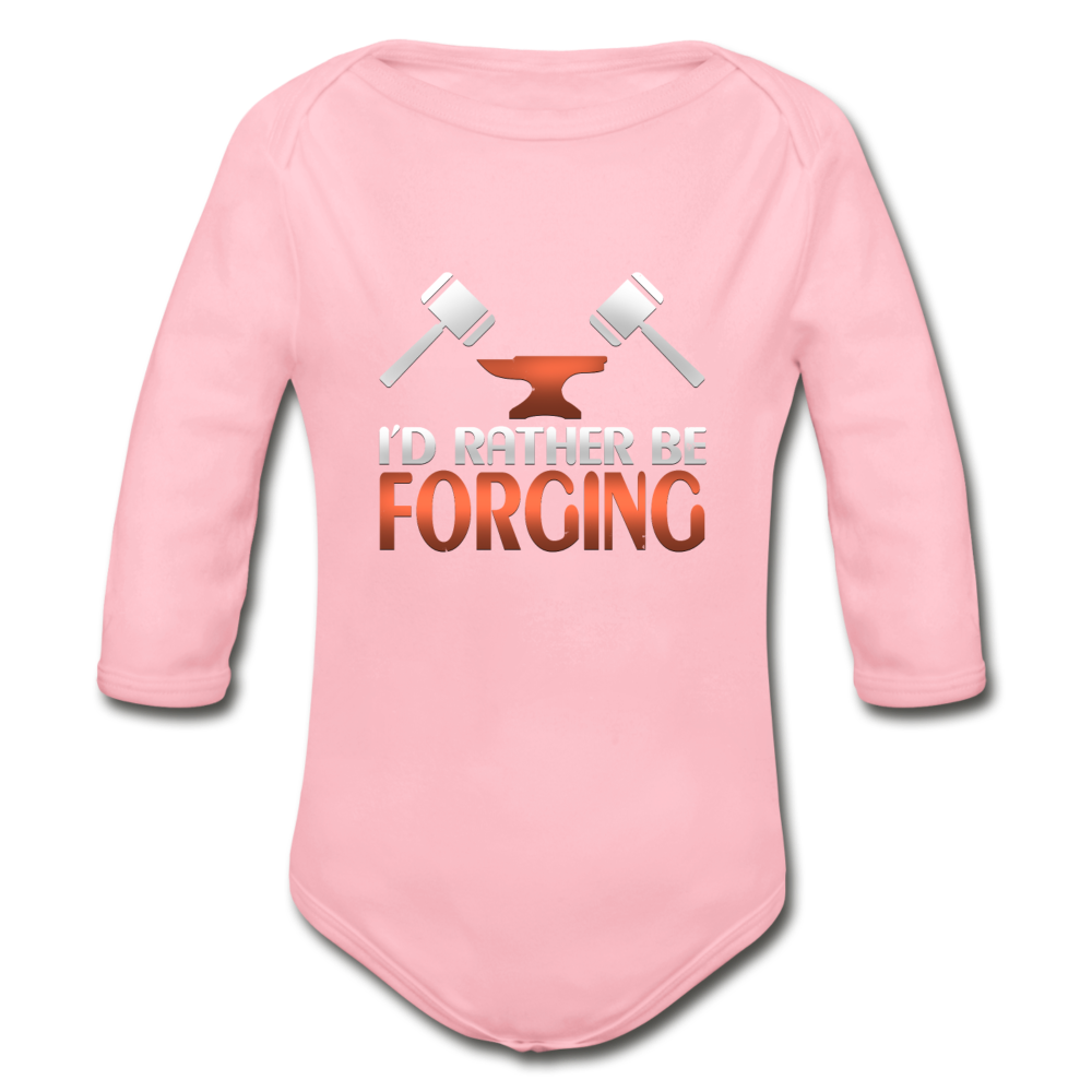 I'd Rather Be Forging Blacksmith Forge Hammer Organic Long Sleeve Baby Bodysuit - light pink