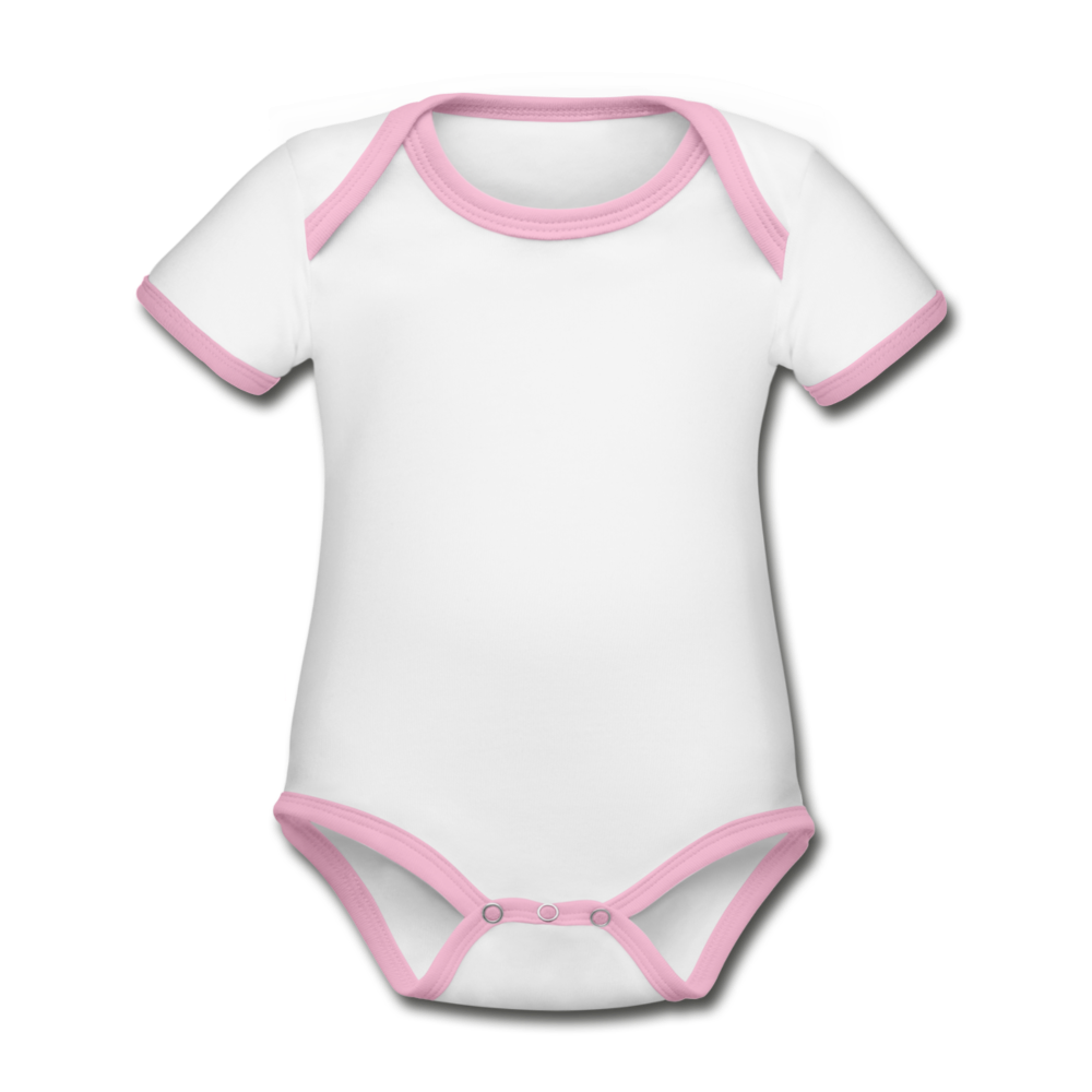 Customizable Organic Contrast Short Sleeve Baby Bodysuit add your own photos, images, designs, quotes, texts and more - white/pink