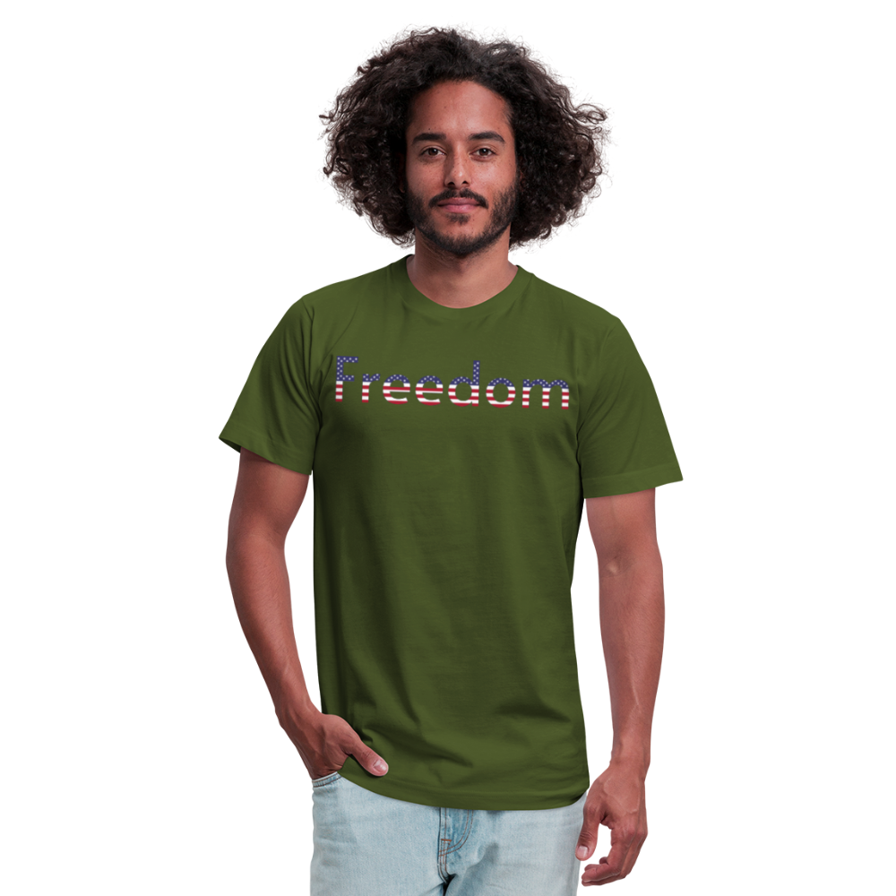 Freedom Patriotic Word Art Unisex Jersey T-Shirt by Bella + Canvas - olive