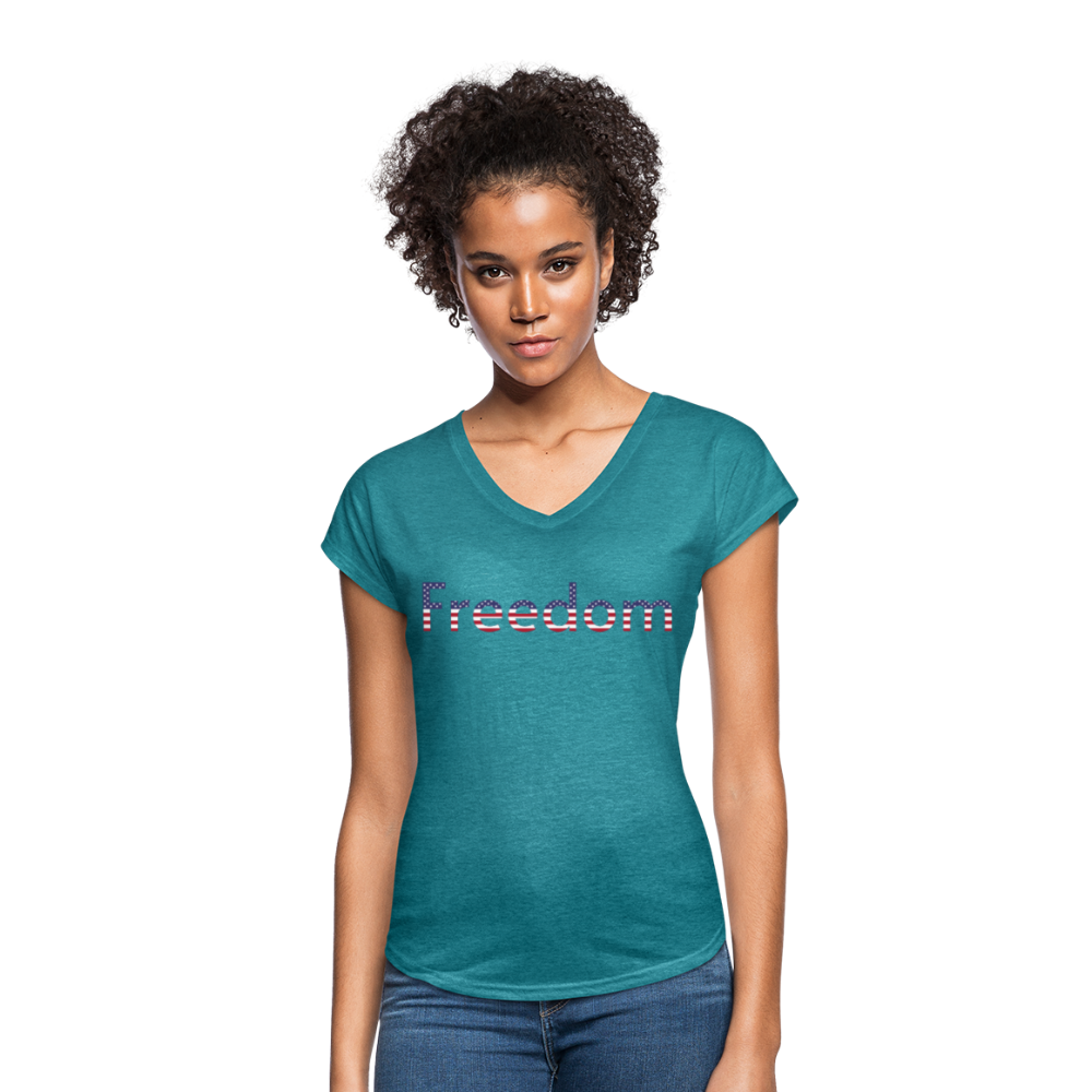 Freedom Patriotic Word Art Women's Tri-Blend V-Neck T-Shirt - heather turquoise