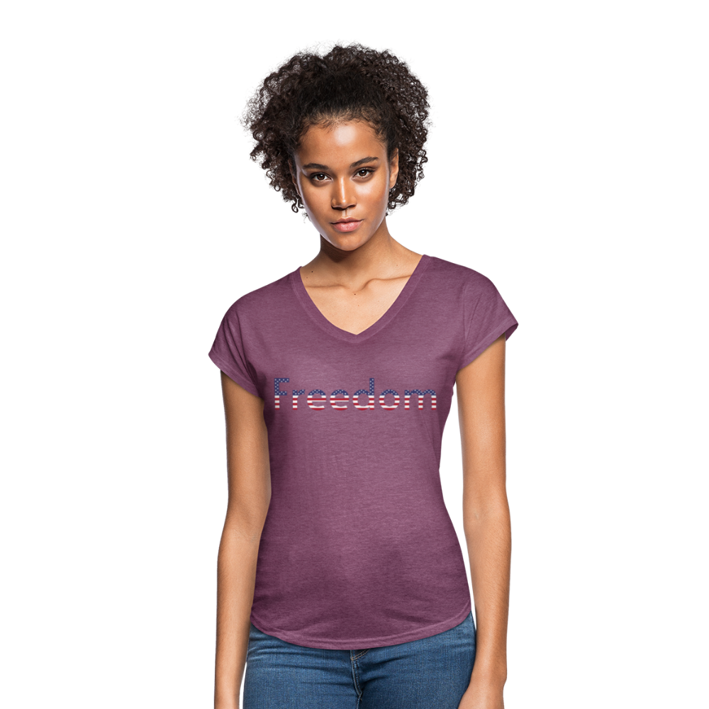Freedom Patriotic Word Art Women's Tri-Blend V-Neck T-Shirt - heather plum