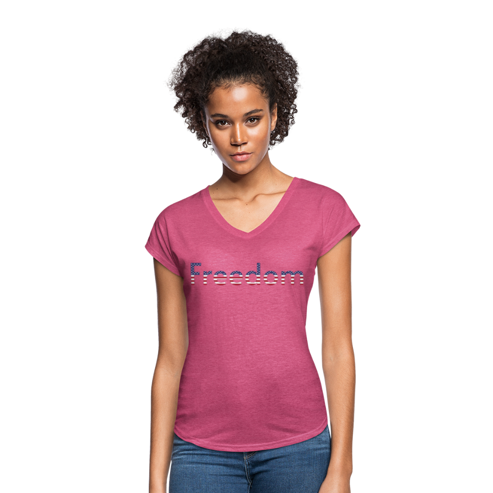 Freedom Patriotic Word Art Women's Tri-Blend V-Neck T-Shirt - heather raspberry