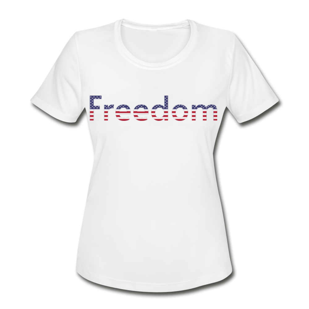 Freedom Patriotic Word Art Women's Moisture Wicking Performance T-Shirt - white