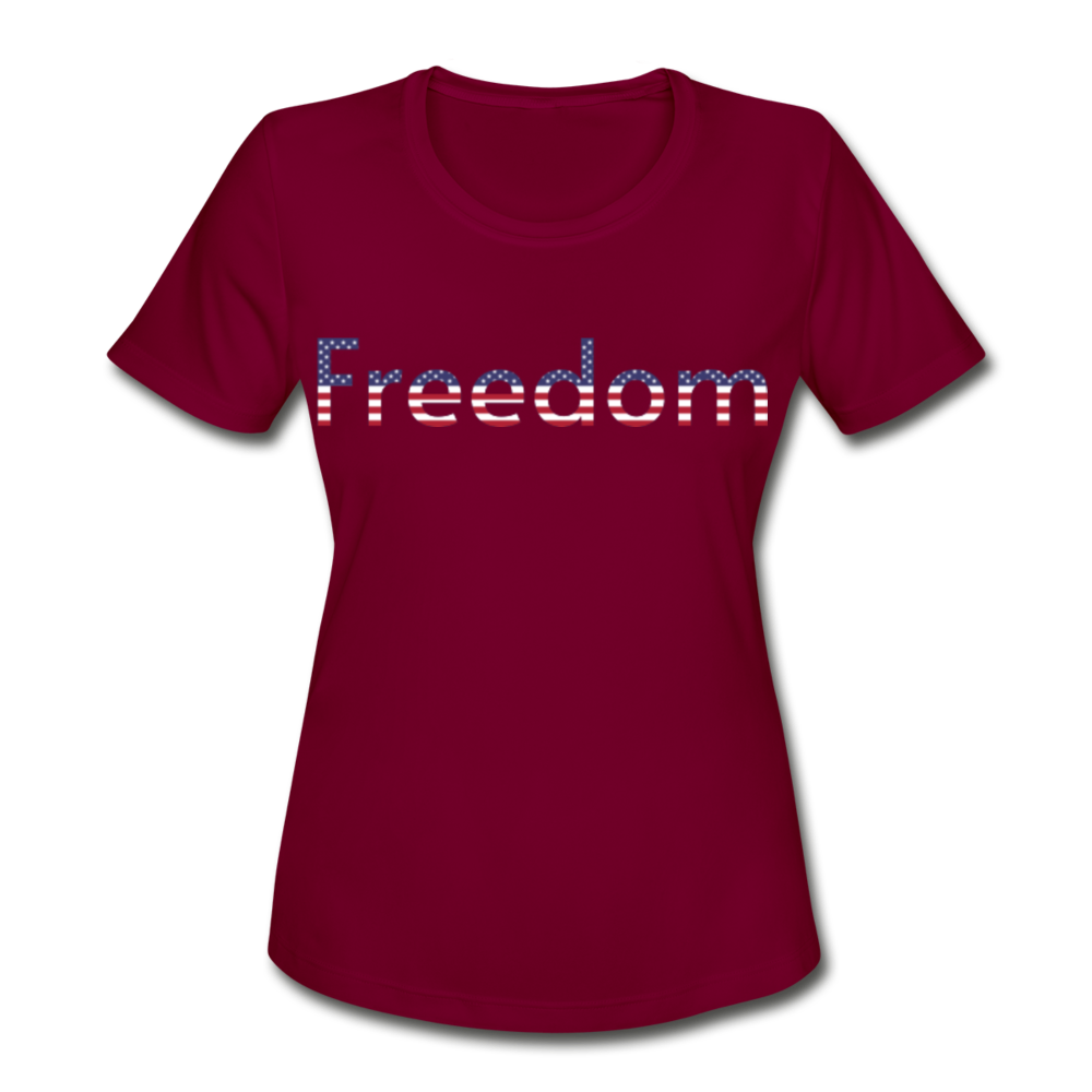 Freedom Patriotic Word Art Women's Moisture Wicking Performance T-Shirt - burgundy