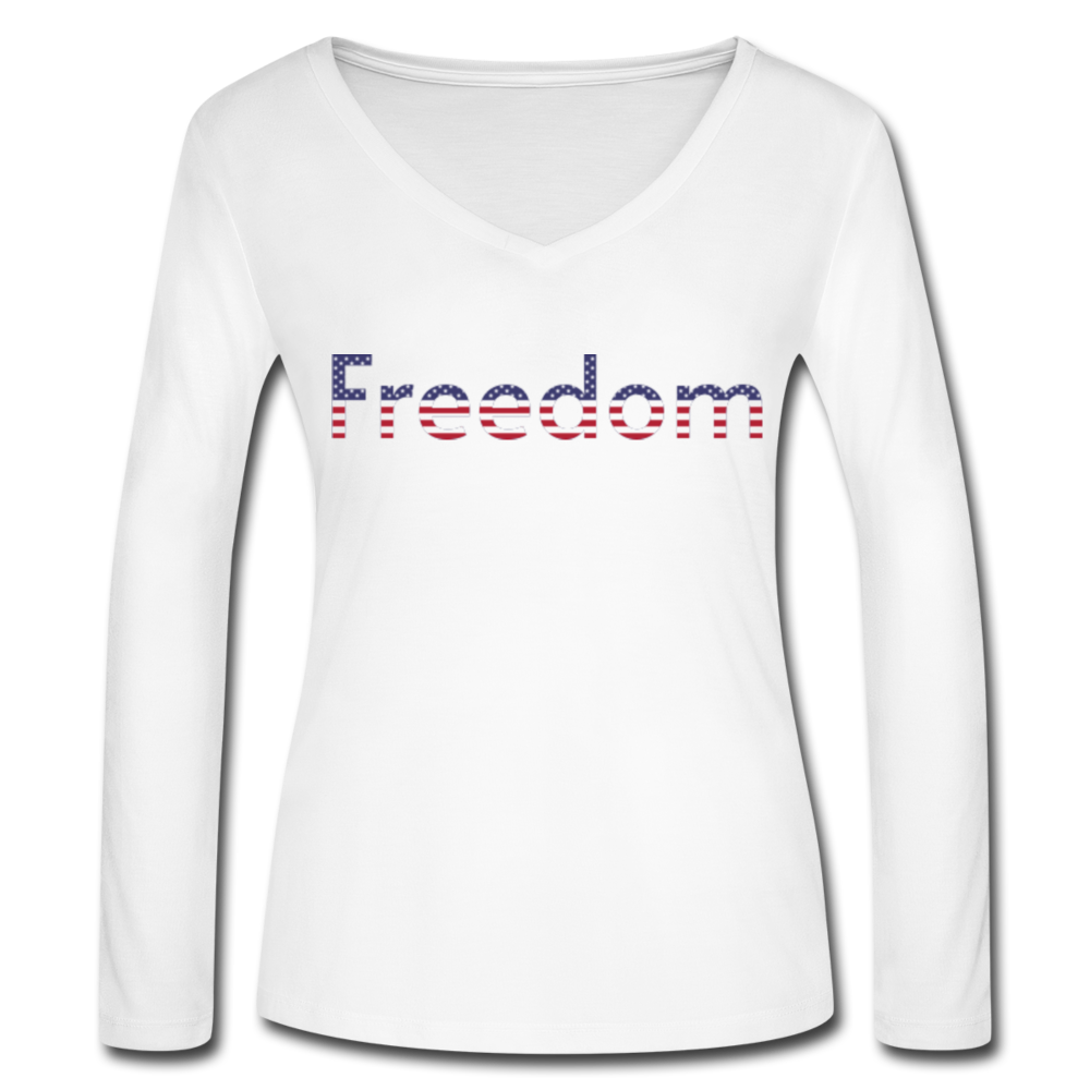 Freedom Patriotic Word Art Women’s Long Sleeve  V-Neck Flowy Tee - white