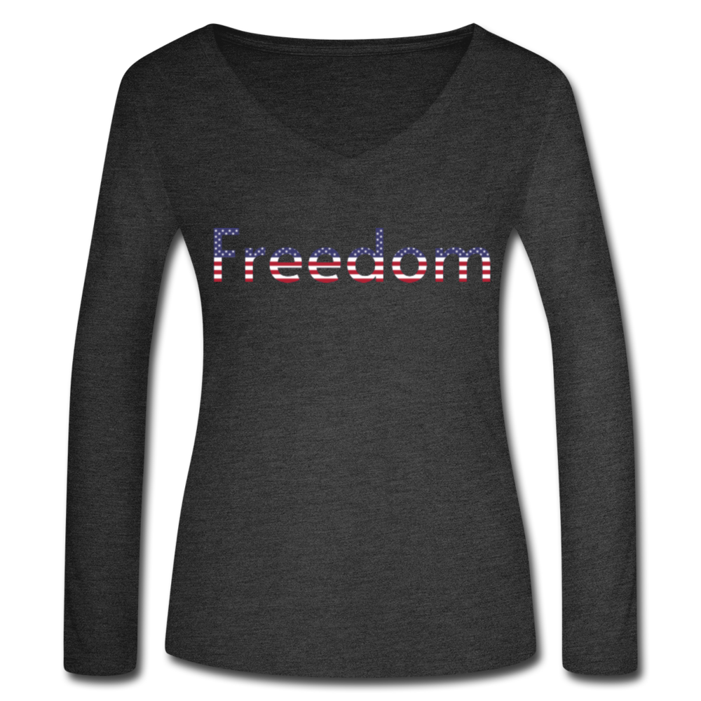 Freedom Patriotic Word Art Women’s Long Sleeve  V-Neck Flowy Tee - deep heather