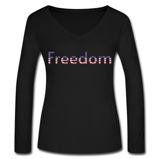 Freedom Patriotic Word Art Women’s Long Sleeve  V-Neck Flowy Tee - black