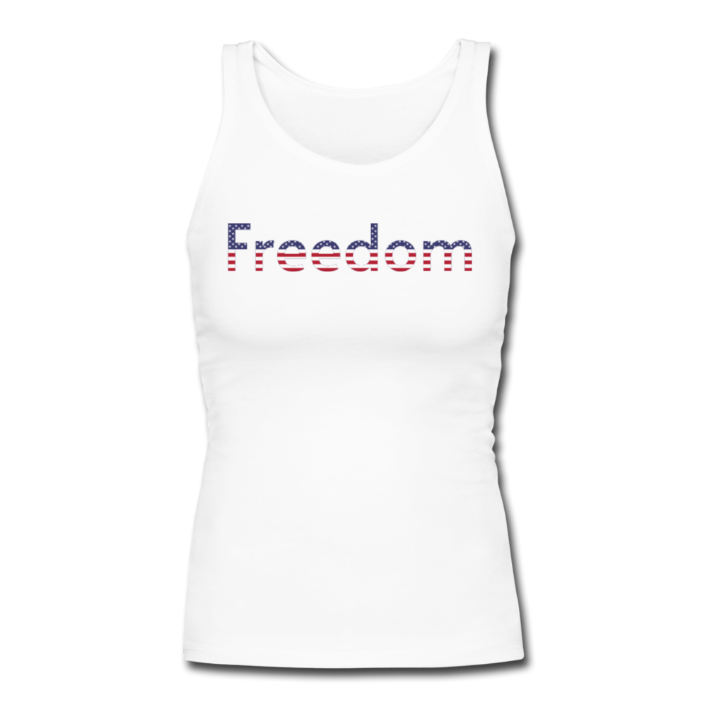 Freedom Patriotic Word Art Women's Longer Length Fitted Tank - white