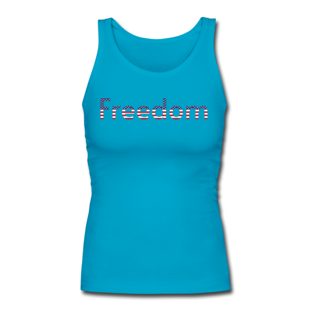 Freedom Patriotic Word Art Women's Longer Length Fitted Tank - turquoise