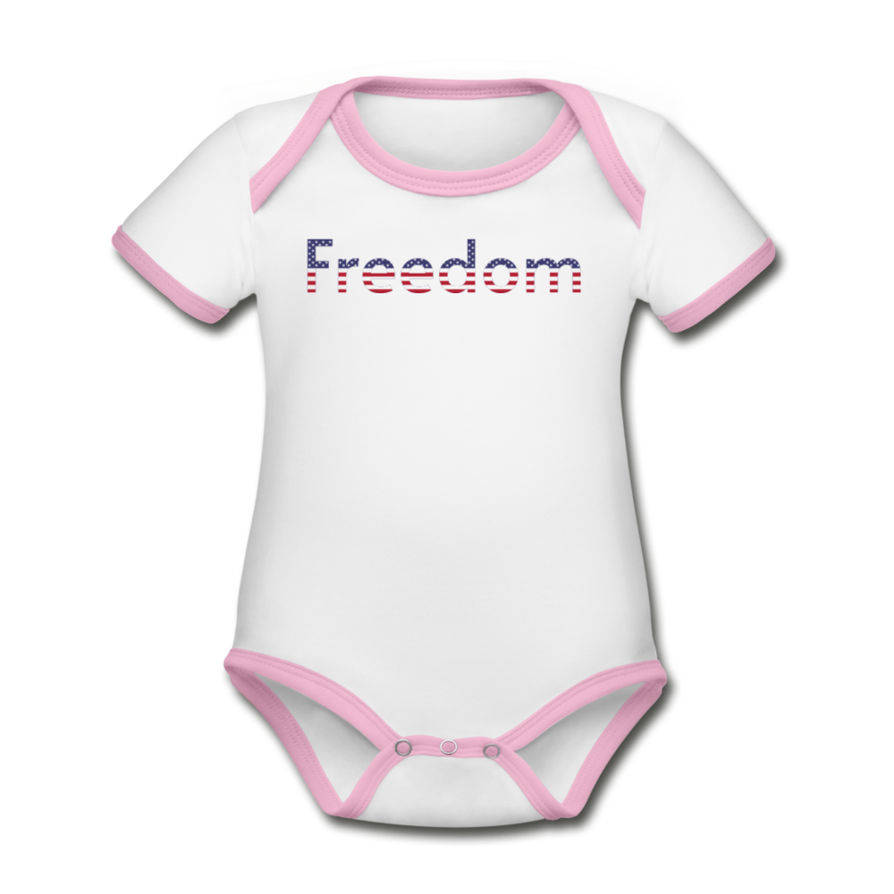 Freedom Patriotic Word Art Organic Contrast Short Sleeve Baby Bodysuit - white/pink