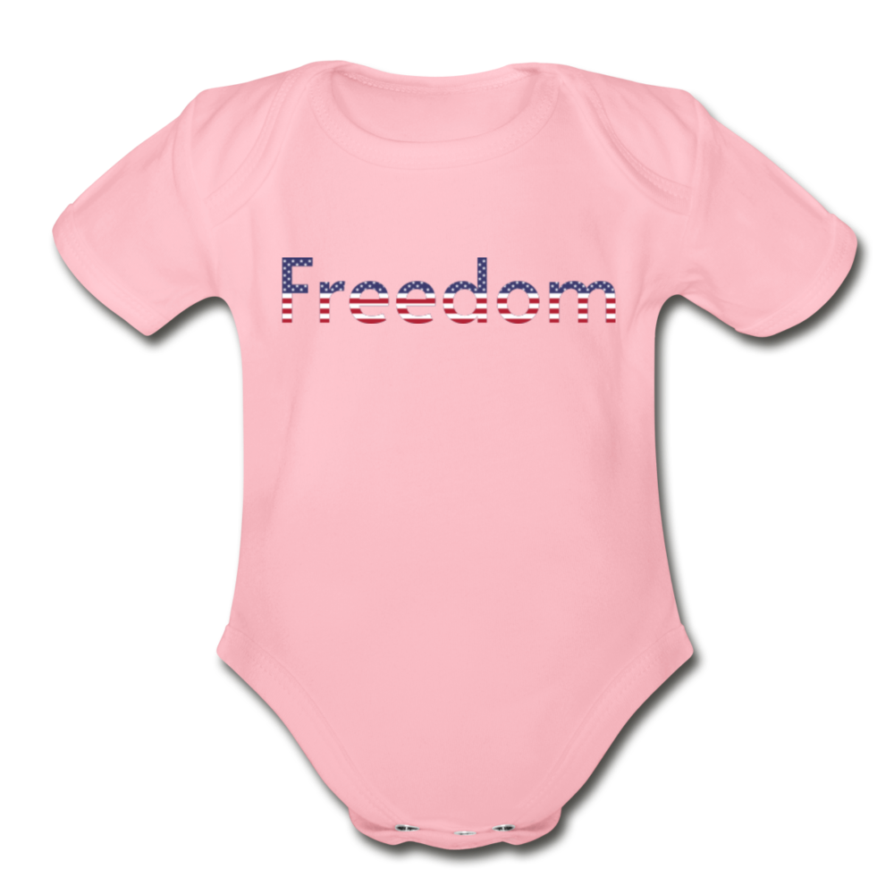 Freedom Patriotic Word Art Organic Short Sleeve Baby Bodysuit - light pink