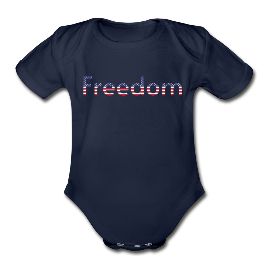Freedom Patriotic Word Art Organic Short Sleeve Baby Bodysuit - dark navy