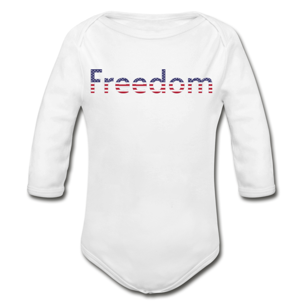 Freedom Patriotic Word Art Organic Long Sleeve Baby Bodysuit - white