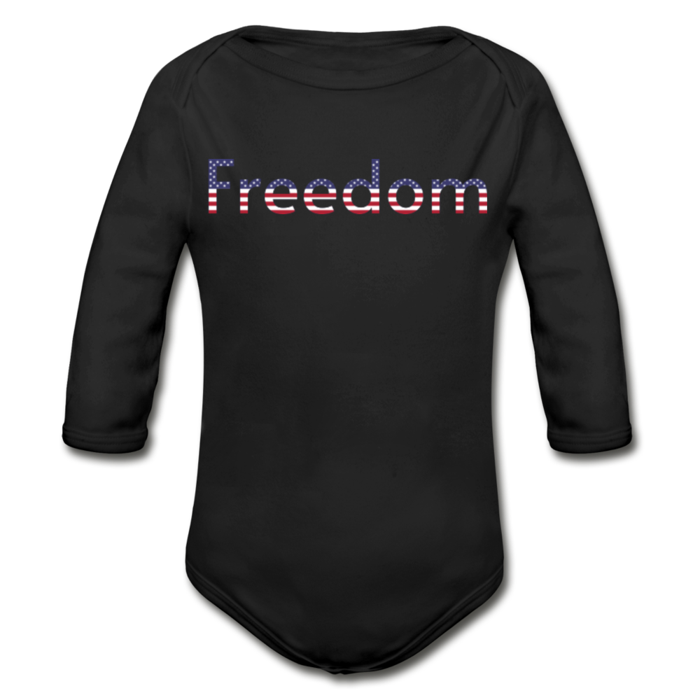 Freedom Patriotic Word Art Organic Long Sleeve Baby Bodysuit - black