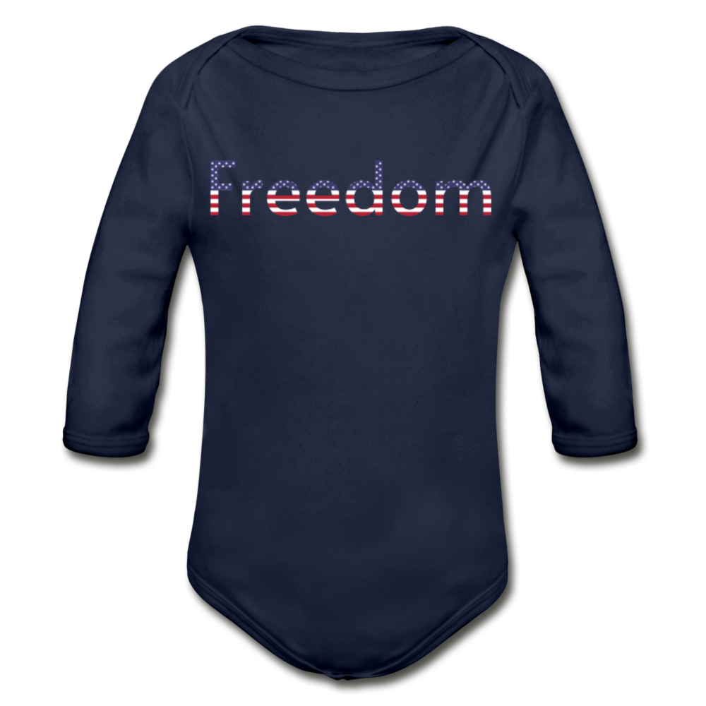 Freedom Patriotic Word Art Organic Long Sleeve Baby Bodysuit - dark navy