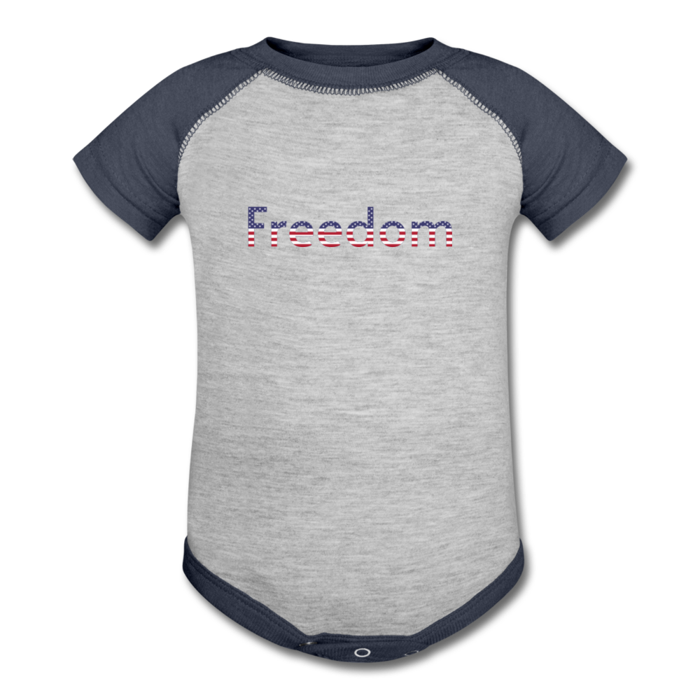 Freedom Patriotic Word Art Baseball Baby Bodysuit - heather gray/navy