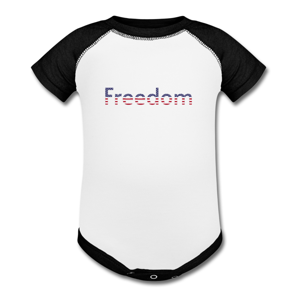 Freedom Patriotic Word Art Baseball Baby Bodysuit - white/black