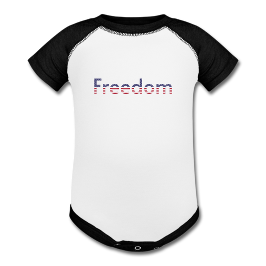 Freedom Patriotic Word Art Baseball Baby Bodysuit - white/black