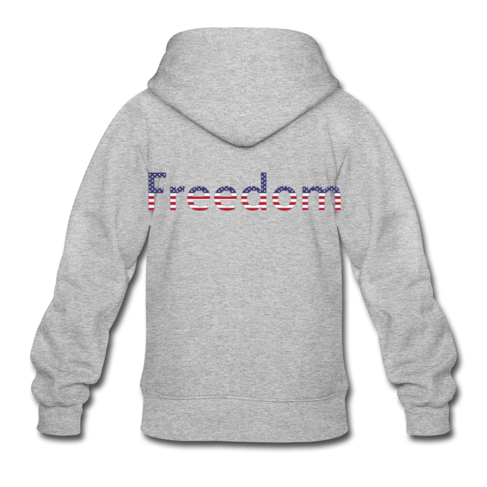 Freedom Patriotic Word Art Gildan Heavy Blend Youth Zip Hoodie - heather gray